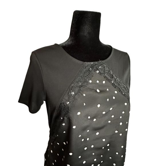 Worthington Black Lace Blocked Blouse With White Dots, Small, Pre-owned - Picture 2 of 6